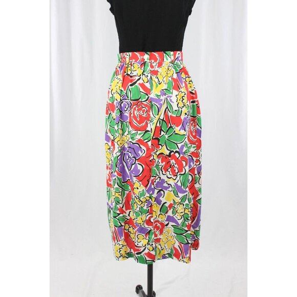 Vintage 90's LANA LEE Floral Print Cotton Pleated A-Line Midi Skirt, Size 9/10 - Picture 4 of 13